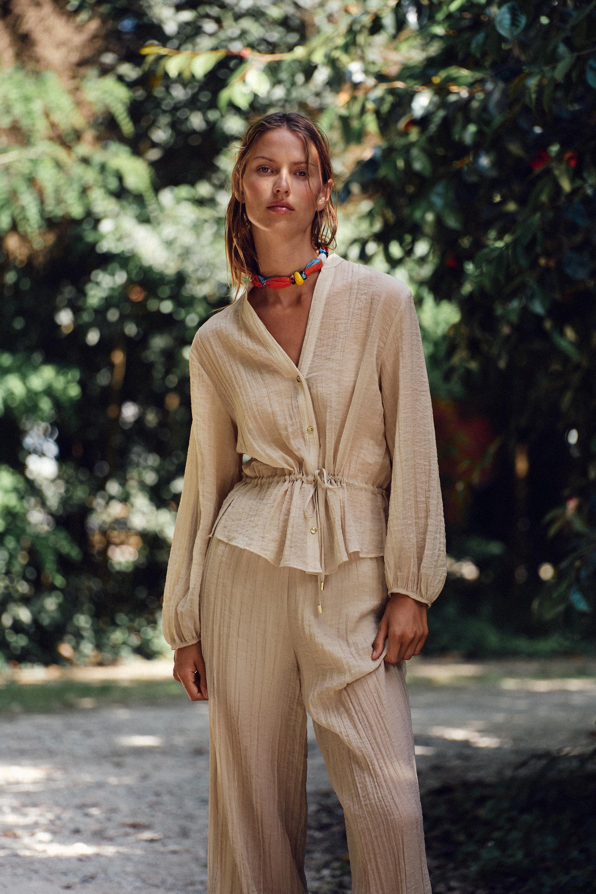 WRINKLED EFFECT SEMI-SHEER WIDE LEG PANTS